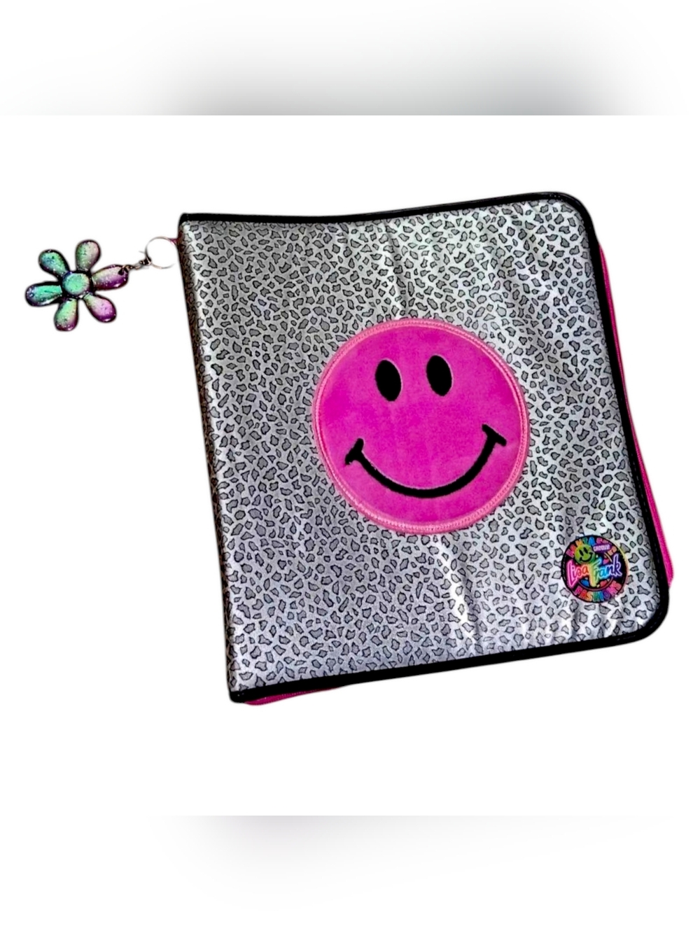 Lisa Frank Silver Leopard Binder Pouch with Bright Pink Smiley